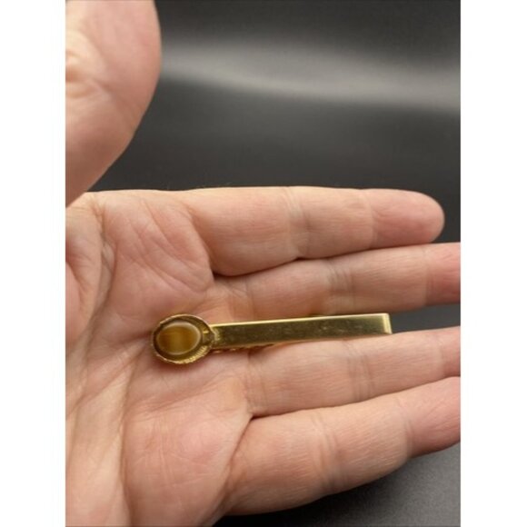 Vintage Tie Bar Clip 2-1/4" Butterscotch Glass Cabochon Gold Tone Minimalist - Picture 2 of 6